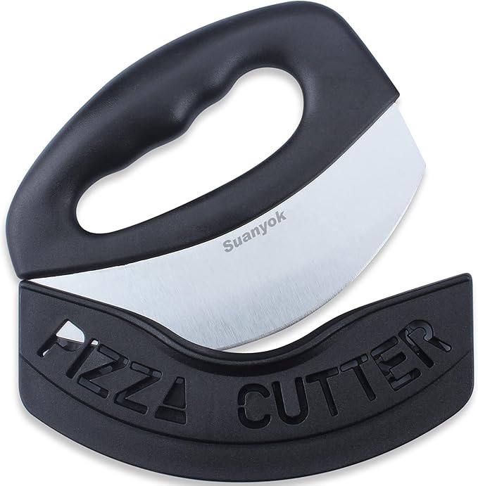 Premium Pizza Cutter Food Chopper-Super Sharp Blade Stainless Steel Pizza Cutter Rocker Slicer with Protective Sheath Multi Function Pizza Knife Kitchen Tools,Dishwasher Safe (Black)