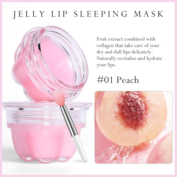 2Pc Jelly Lip Mask Overnight,Fruity Peach Lip Sleeping Mask Day Night Repair Kawaii Lip Balm Hydrate Plump Dry Lip Scrubs Exfoliator,Lip Care Lip Moisturizer with Collagen-Peach-BrightBean Baby