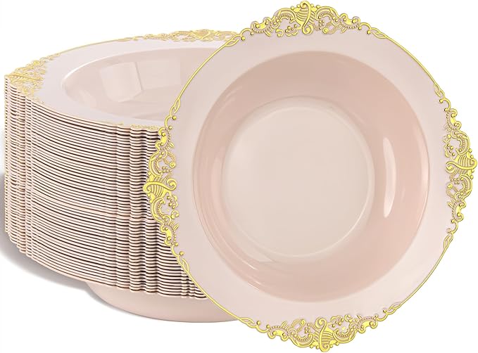 Nervure 50PCS Pink Plastic Bowls with Gold Rim - 12oz Disposable Soup Bowls, Heavy Duty Salad Ice Cream Bowl Perfect For Weddings, Parties and Everyday Use