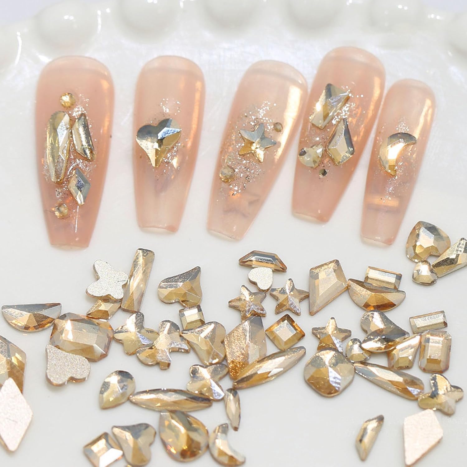 Nail Rhinestones Kit, 18 Types of 900 Special-Shaped Nail Diamonds + 3200 Flat-Bottomed Rhinestones, Champagne Crystals DIY Crafts Gold Gemstones for Nail Art Design-BrightBean Baby