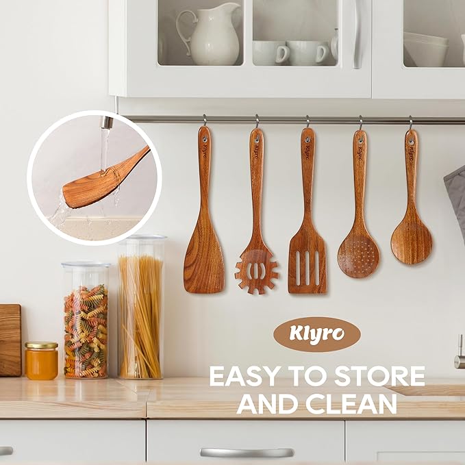 Teak Kitchen Utensils Set, 5 Piece Premium Wooden Cooking Utensils Set, Non-Stick Heat-Resistant Wooden Spoons for Cooking, New Apartment Essentials