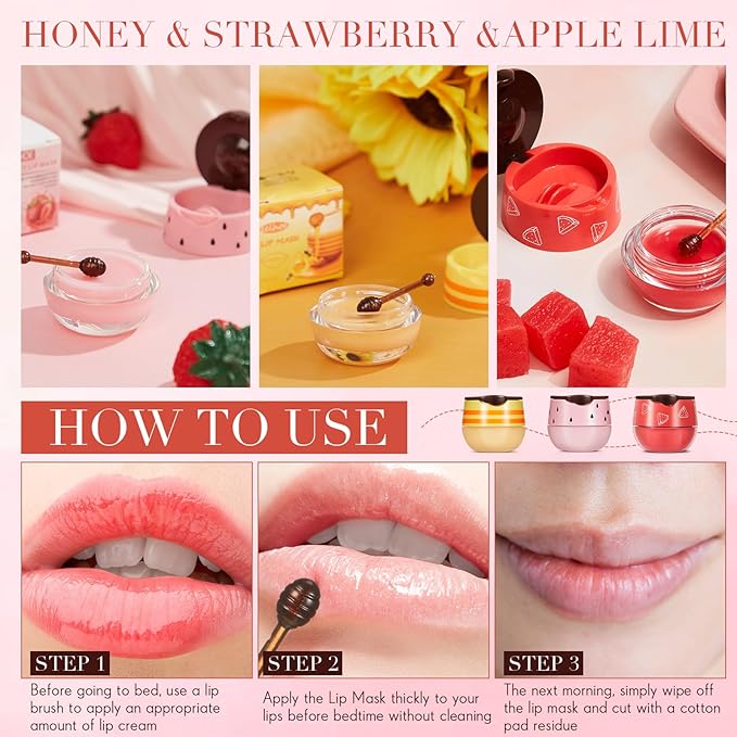 12 Pcs Bee Lip Balm Honey Pot with Brush Propolis Lip Mask Overnight, Moisturizing Hydrating Lip Sleeping Mask Prevention Dry and Cracked(Honey+Strawberry+Watermelon)-BrightBean Baby