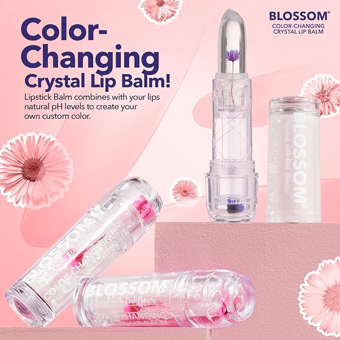 Blossom Moisturizing Custom Color Changing Crystal Lip Balm Strawberry Scented Lip Stain Tint, Mini Coconut Rollon Scented Lip Gloss, Infused with Real Flowers, 2 pk, Coconut/Purple-BrightBean Baby