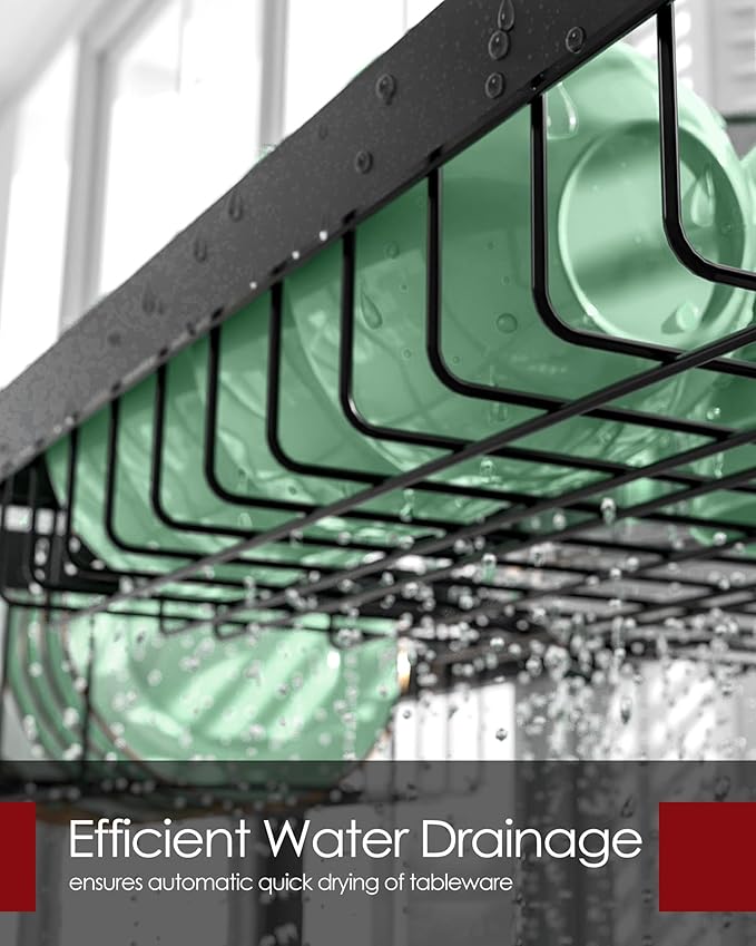 Dish Drying Rack - Over The Sink Dish Drainer Drying Rack with Utensil & Knife Holder, Hooks, Stainless Steel Kitchen Organizers and Storage Solution, 11.8" D x 31.5"~39.0''W x 30" H, Black