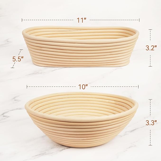 Banneton Bread Proofing Baskets Set of 2, 10" Round & 11" Oval Sourdough Proofing Baskets with Liners, Proofing Baskets for Sourdough Bread Baking