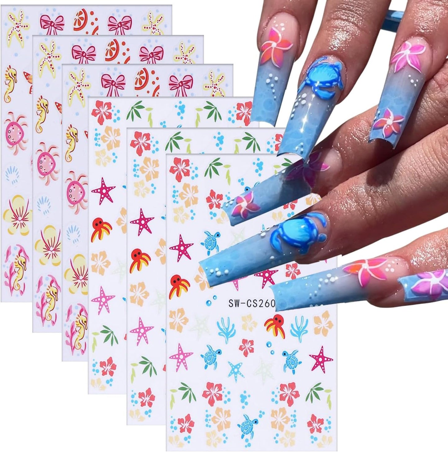 6 Sheets Marine Life Nail Art Stickers 3D Self-Adhesive Starfish Turtle Nails Sticker Flower Nail Art Decals Holographic Bow Nails Decal Decoration for Women Floral Manicure DIY Nail Supplies-BrightBean Baby