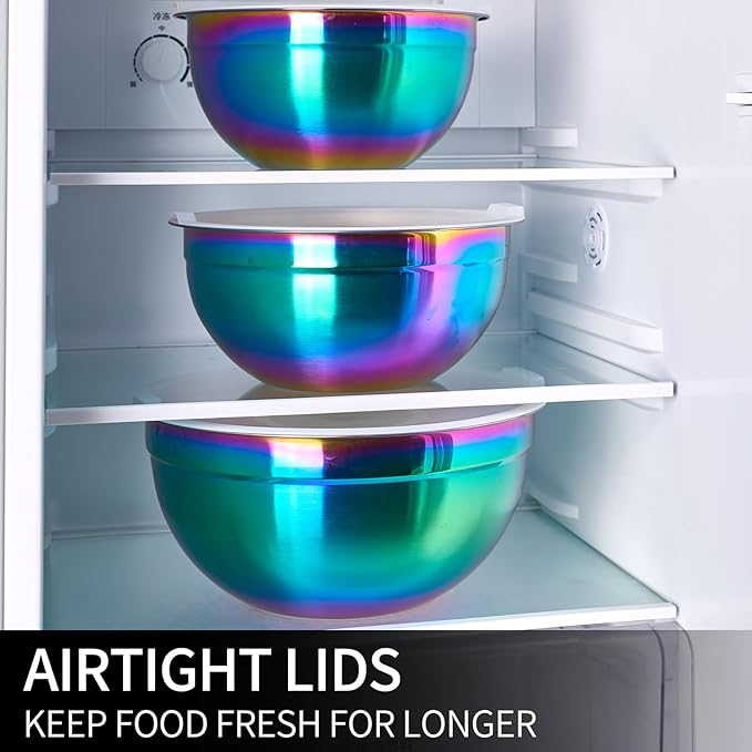 Rainbow Mixing Bowls with Lids Set of 7, Stainless Steel Nesting Bowl with Khaki Lid for Non-slip Mixing Prepping Storing Serving, 7 Sizes-7/3.6/2.7/2.1/1.5/1/0.8 QT