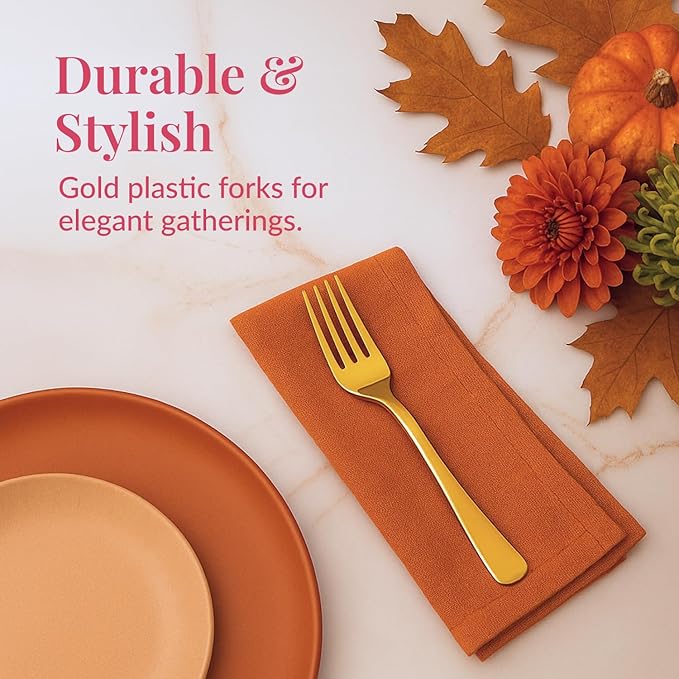 Prestee 100 Gold Plastic Forks - Heavy Duty Elegant Disposable Utensils - Fancy Plastic Silverware for Weddings and Holidays - Heavyweight 7 Inch Forks for Special Occasions