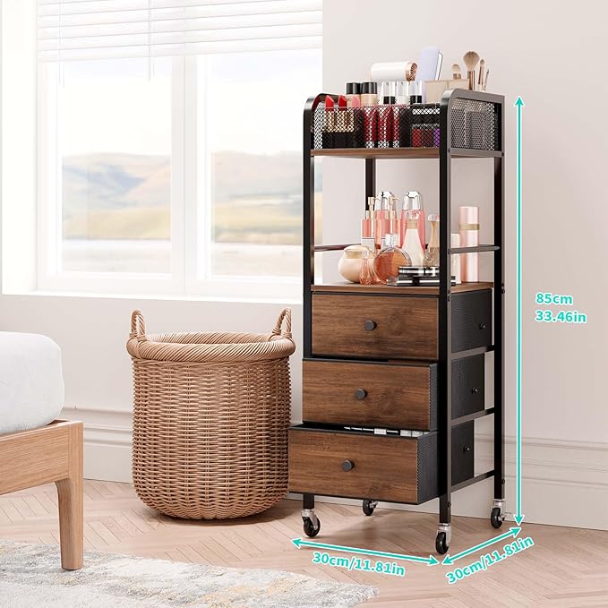 HapiRm Rolling Makeup Cart Organizer - Floor Skincare Make Up Storage with 3 Drawers, Vanity Organizer Cosmetic Display Cases Holder for Skin Care Perfume Nail Polish Brush Hair Tool-BrightBean Baby