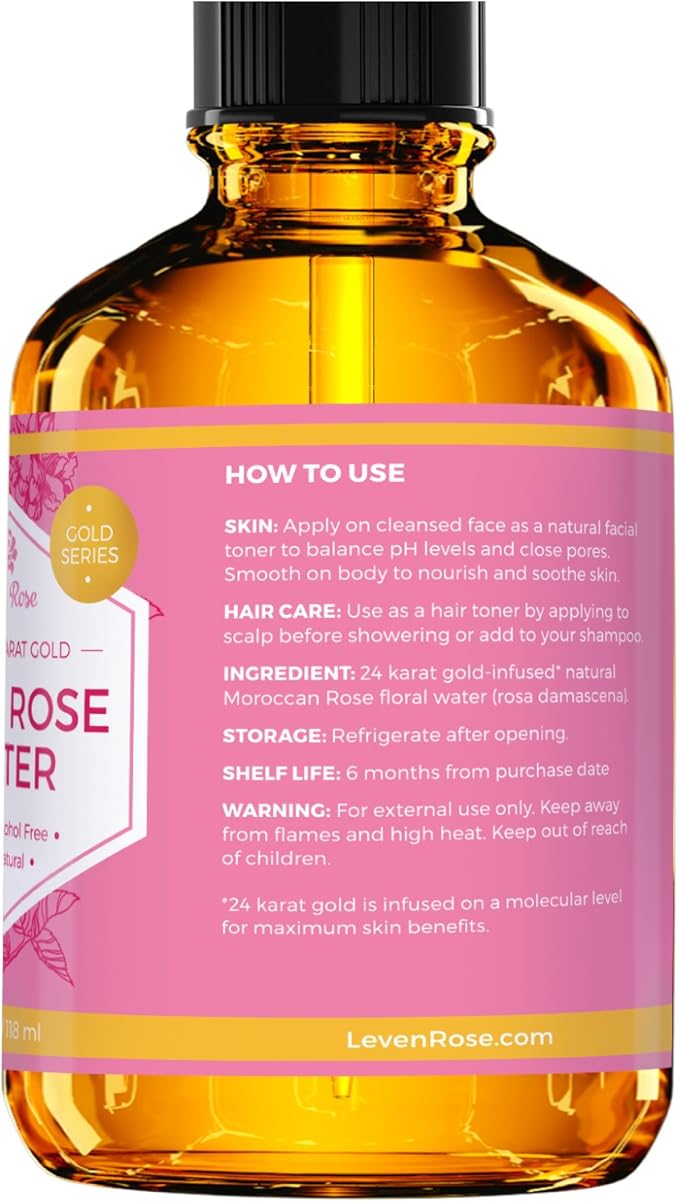 24 Karat Gold Rose Water Toner by Leven Rose Natural Moroccan 24K Rosewater Toner 4 oz-BrightBean Baby