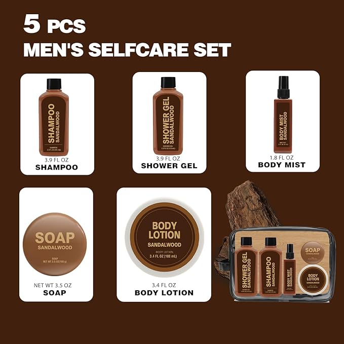 Gift Sets for Men Bath and Body Mens Gifts 6pcs Sandalwood Travel Size sets with Shampoo, Shower Gel, Soap, Body Lotion, Birthday Gifts for Men, Self Care Fathers Day Gifts-BrightBean Baby
