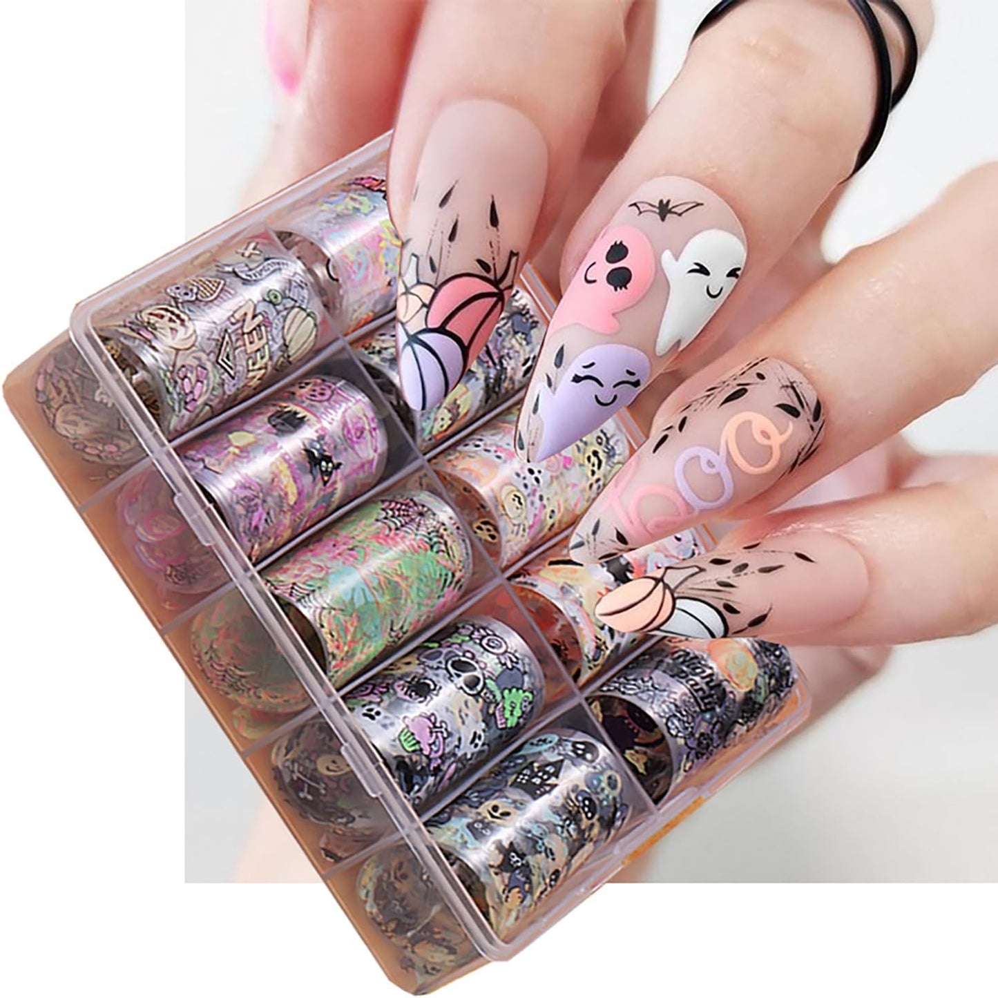 Halloween Nail Foil Transfers Stickers 10 Rolls Cartoon Design Halloween Nail Art Foils Decals Ghost Pumpkin Spider Bat Nail Transfer Foil Cute Nails Supplies Set for Women DIY Manicure Decorations-BrightBean Baby