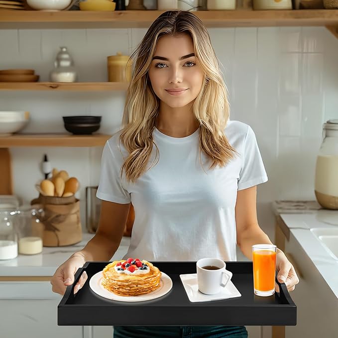 Bamboo Food Serving Tray with Handles, Breakfast Bed Tray for Tea,Snack,Dinner, Home Decorative Storage Food, Platter, Ottoman for Kitchen Counter, Bathroom, Restaurant (Black)