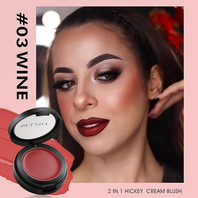 DE'LANCI Hydrating Cream Blush for Cheeks & Lips & Eyeshadow, Creamy & Long-lasting Waterproof Blush Balm, Lightweight Matte Blush for natural look, Travel Size, Highly Pigmented, Built-in Brush, Wine-BrightBean Baby