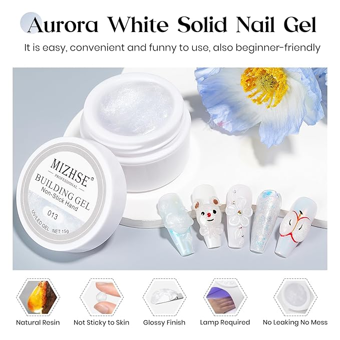 MIZHSE Solid Builder Gel, Aurora White Non-Sticky Hand Sculpting Gel for Nails, Mermaid Pearl 3D Nail Art Building Carving Modeling Hard Extension Soak Off U V LED Manicure Salon Home DIY 15g-BrightBean Baby