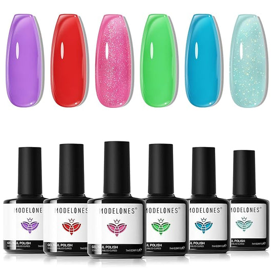 modelones Summer Gel Nail Polish, 6 Colors Jelly Gel Polish Neon LGBT Red Blue Green Pink Purple Nail Art Design Translucent Soak Off Manicure Salon DIY Girls Women Gift-BrightBean Baby