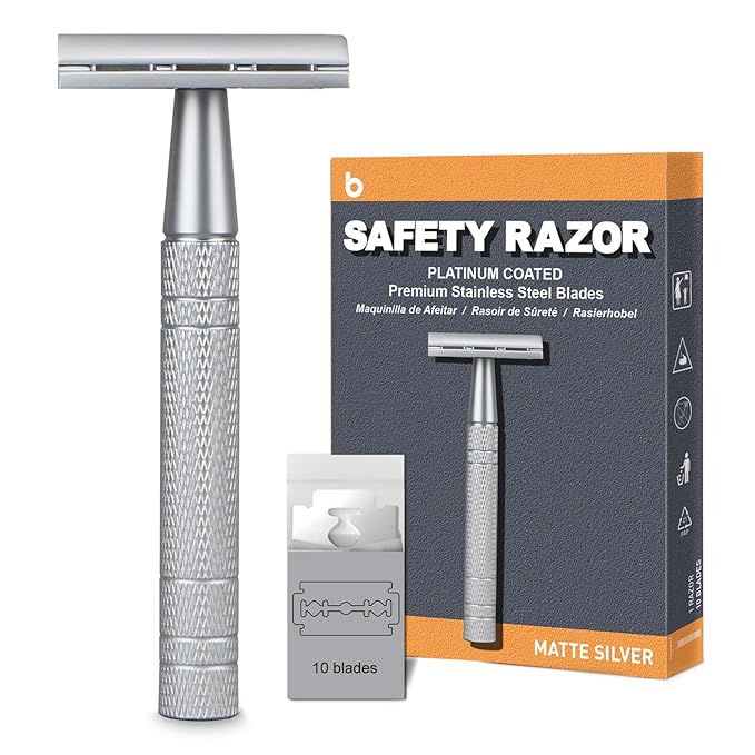 Double Edge Safety Razor, Single Blade Razors for Men and Women, with 10 Double Edge Blades, Reusable Metal 1 Blade Razor, Eco-Friendly, Zero Waste, Smooth and Close Shave, Matte Silver-BrightBean Baby