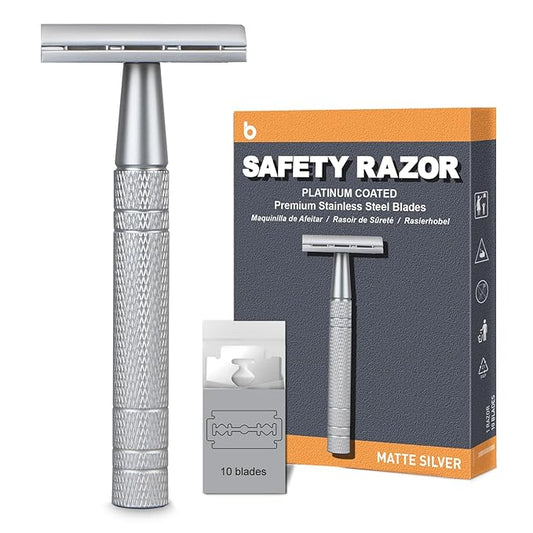 Double Edge Safety Razor, Single Blade Razors for Men and Women, with 10 Double Edge Blades, Reusable Metal 1 Blade Razor, Eco-Friendly, Zero Waste, Smooth and Close Shave, Matte Silver-BrightBean Baby