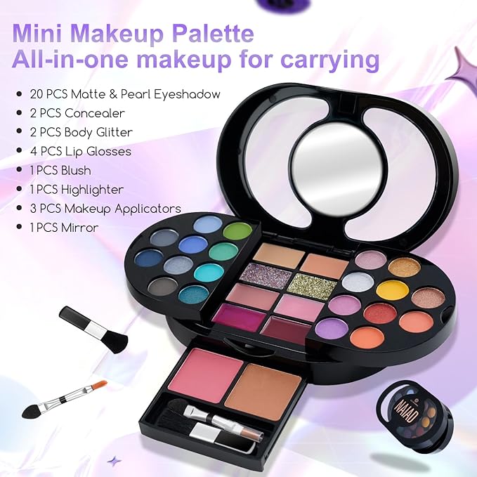 Color Nymph Travel Makeup Palette with Mulit-Colors Eyeshadows,Concealer, Body Glitter,Lip Glosses,Blush,Highlighter,Makeup Applicators And Mirror-BrightBean Baby