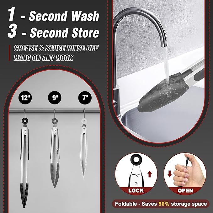 Heat Resistant Silicone Tongs Set - 600 Degrees, Kitchen Tongs for Cooking, Grilling, Turning - Stainless Steel and BPA Free Silicone Tips (7", 9" and 12 inch)