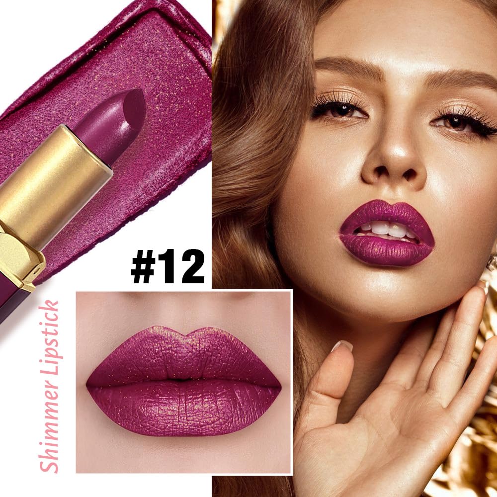 Dark Purple Metallic Lipstick for Women,Lightweight Shimmer Frosted Lipstick,Glitter Lip Gloss Stain Long Lasting Waterproof Smudge Proof 24 Hour Full Coverage Lip Makeup,Vegan-BrightBean Baby