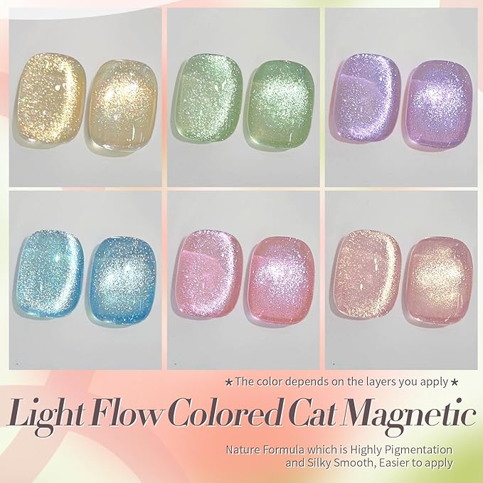 Born Pretty Cat Magnetic Eye Gel Nail Polish Spring Summer Pastel Shimmer Glitter Holographic Cat Magnetic Eye Gel Crystal Glass Cat Magnetic Gel Polish Manicure Nail Art DIY at Home 6PCS-BrightBean Baby