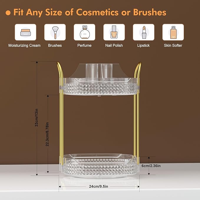 Awenia Rotating Makeup Organizer 360, Stackable Adjustable Large Capacity Cosmetic Storage Unit,Dresser Bathroom Kitchen Countertop Organizer with Metal Handle, Plus Size (Clear, 2 Tier)-BrightBean Baby