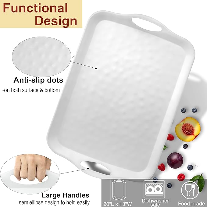 20" x 13" Large Serving Platters for Turkey, Cookie, Cupcakes, Gift Ready Melamine Serving Tray with Handles for Party Entertaining, Raised Dots & Matt Finish, Set of 2, White & Black