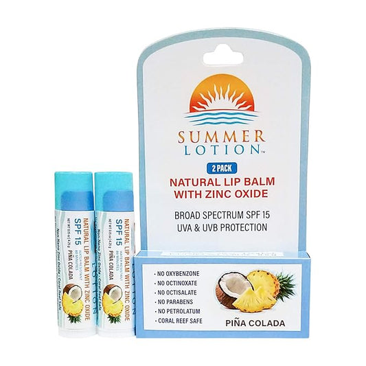 Natural Lip Balm with Zinc Oxide Sunblock by Summer Lotion, SPF 15 Lip Sunscreen 2-Pack, Water Resistant Chapstick, SPF Lip Protection for Everyone, (Pina Colada)-BrightBean Baby