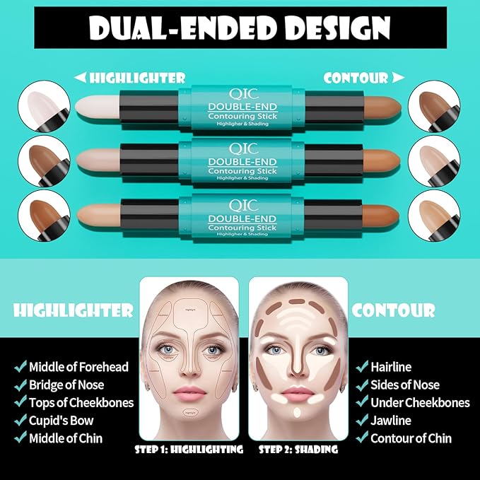 MEICOLY 2-in-1 Highlighter Contour Stick,Cool Toned Contour Stick,Makeup Highlighter Stick,Long Lasting Waterproof Bronzer Contour Pencil,Travel Cream Face Shaping Stick,02-BrightBean Baby