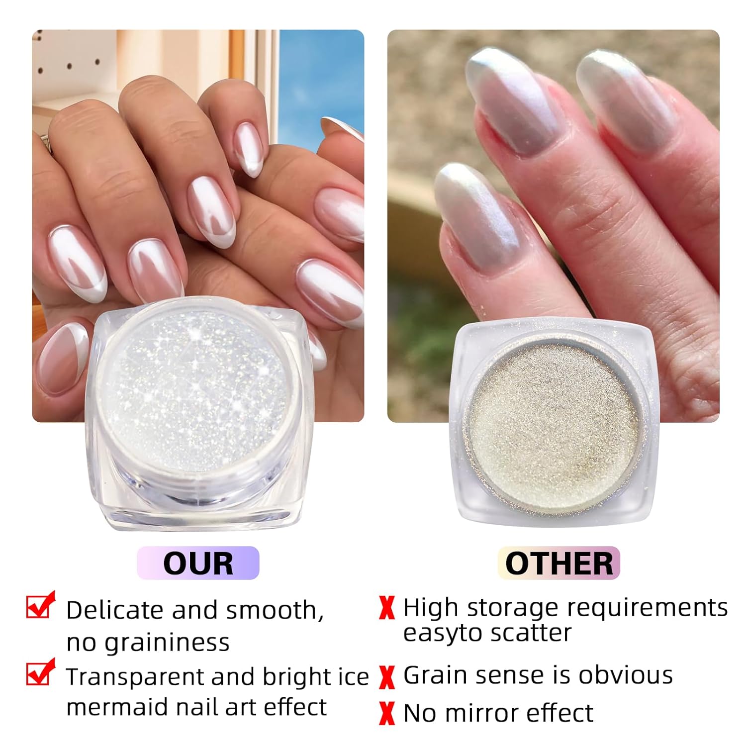 Pearl Chrome Nail Powder:【Super Transparent】 White Pearl Chrome Nail Powder Ice Shimmer Jewelry Transparent Aurora Glazed Donut Chrome Nail Powder for Nails Art DIY-BrightBean Baby