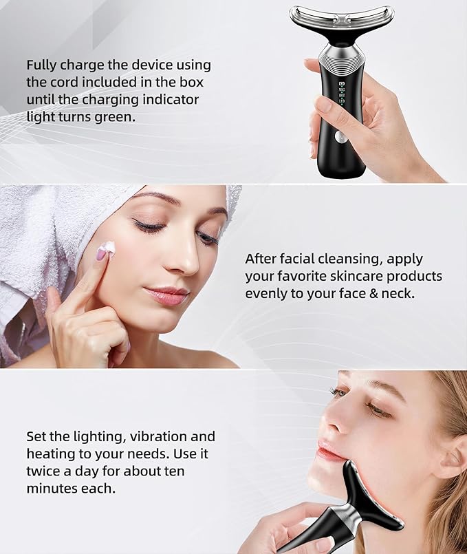 9-in-1 Red-Light-Therapy-for-Face-and-Neck, Portable Facial Massager Tool with Adjustable Vibration & Thermals for Wrinkles, Double Chin, Black-BrightBean Baby