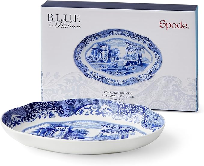 Spode Blue Italian Pickle Dish - 8.5" Porcelain Appetizer Tray with Scroll Border & Countryside Artwork - Elegant Small Serving Piece for Entertaining & Dining Displays - Great Gift for Collectors