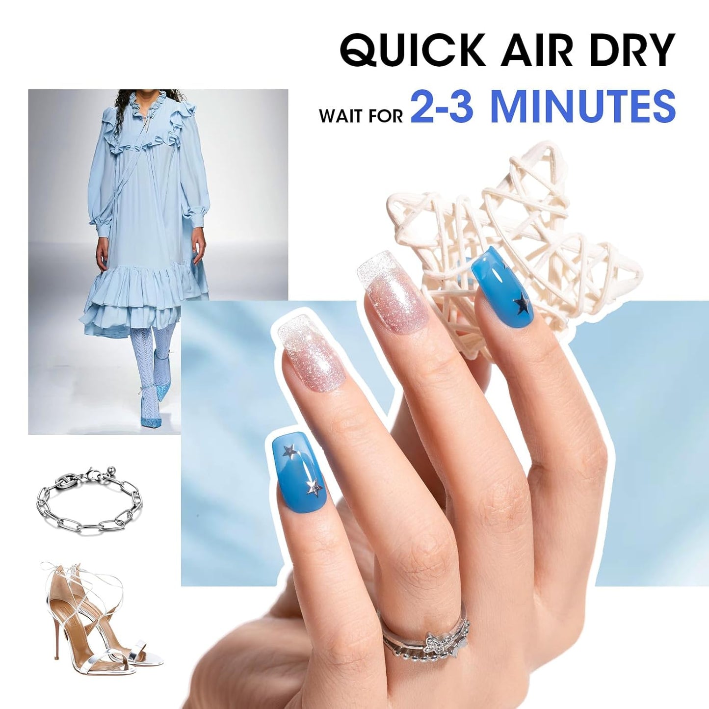 Gellen Blue Jelly Nail Polish, Sheer Nail Polish Quick Dry Summer 6 Colors Blue Glitter Set, Natural Traditional Regular Nails Polish for Acrylic Natural Nails Home Salon, No Gel, Hema Free, Non-toxic-BrightBean Baby