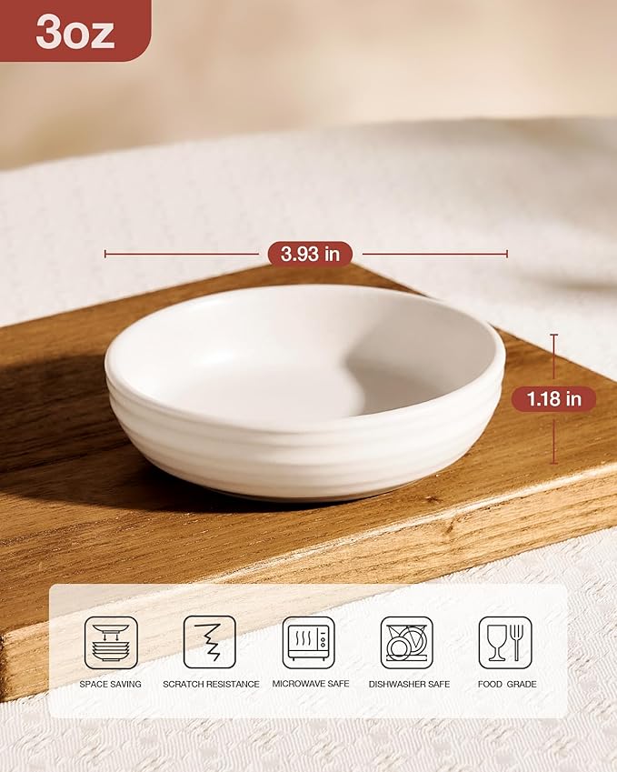 famiware Pluto Soy Sauce Dishes of 6, 3 oz Dipping Sauce Cups/Bowls/Dishes for Kitchen, Ceramic Small Bowls for Side Dish, Appetizers, Snacks, and Sushi, Reactive Glaze, Matte White