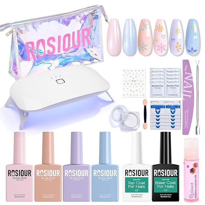 Gel Nail Polish Kit with U V Light, Hema-Free Light Baby Pink Blue Purple Nude Pink Summer Gel Polish Set with Base & Top Coat Chrome Nail Powder, 4 Colors Mini Salon Nail Art Starter Gift for Women-BrightBean Baby