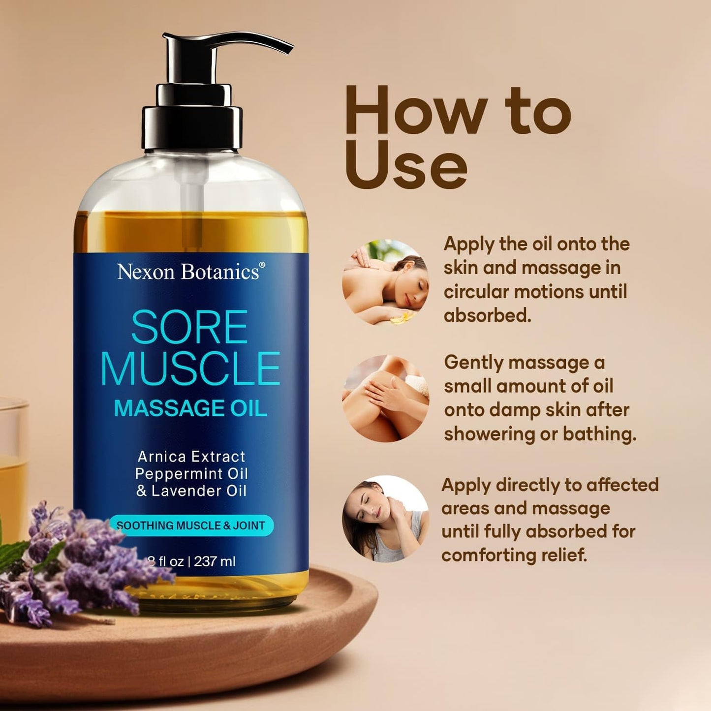 Sore Muscle Massage Oil for Massage Therapy 8 fl oz - Refreshing and Relaxing - Natural Oils with Arnica, Peppermint and Lavender Oil - for Men and Women - Nexon Botanics-BrightBean Baby