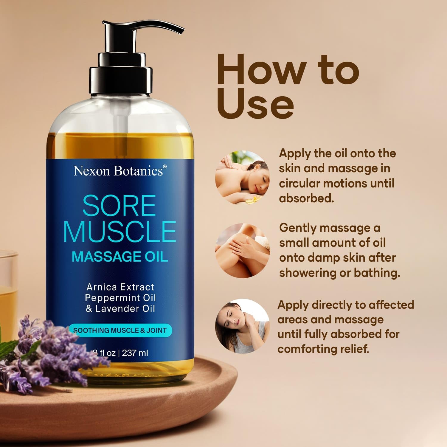 Sore Muscle Massage Oil for Massage Therapy 8 fl oz - Refreshing and Relaxing - Natural Oils with Arnica, Peppermint and Lavender Oil - for Men and Women - Nexon Botanics-BrightBean Baby