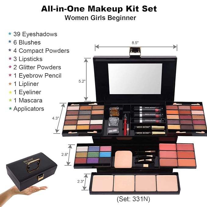 58 colors Professional All In One Makeup Full Kit for Women Girls Beginner, Makeup Gift Set with Eye Shadow Blush, Lipstick, Compact Powder, Mascara, Eyeliner, Lip Liner, Eyebrow Pencil, Glitter(331N)-BrightBean Baby