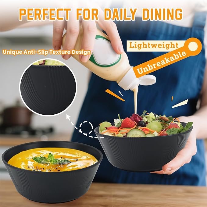 Homienly Cereal Bowl, Large Soup Bowl Set, Wheat Straw Bowl with Textured Design - 36oz Bowl Set, 6 PCS Microwave and Dishwasher Safe Bowls, Bowls for Kitchen, Serving Soup,Ramen,Pho,Salad - Black