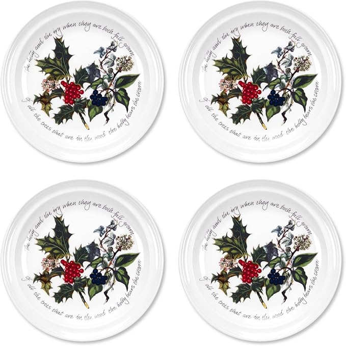 Portmeirion Holly and Ivy 7.25" Bread & Butter Plate (Set of 4) - Earthenware Side Plates, Holly Design - Festive Christmas Tableware - Microwave, Oven, Freezer, Dishwasher Safe - Holiday Dishware