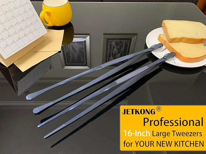 JETKONG 2 Pcs 16-Inch Heavy Duty Cooking Tweezers Extra Long Stainless Steel Kitchen Tweezers Large Plating Tongs (Navy Blue)