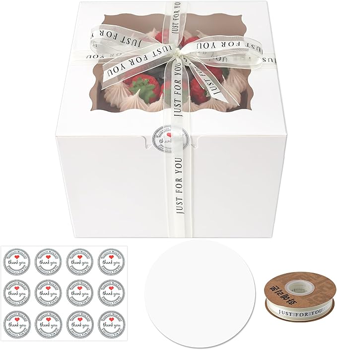 6x6x5 Cake Box, 28 Sets White Cake Box with Window ＆ 28Sets 6" Cake Round Boards, 6inch Cake Containers. (White, 665inch/28pcs)
