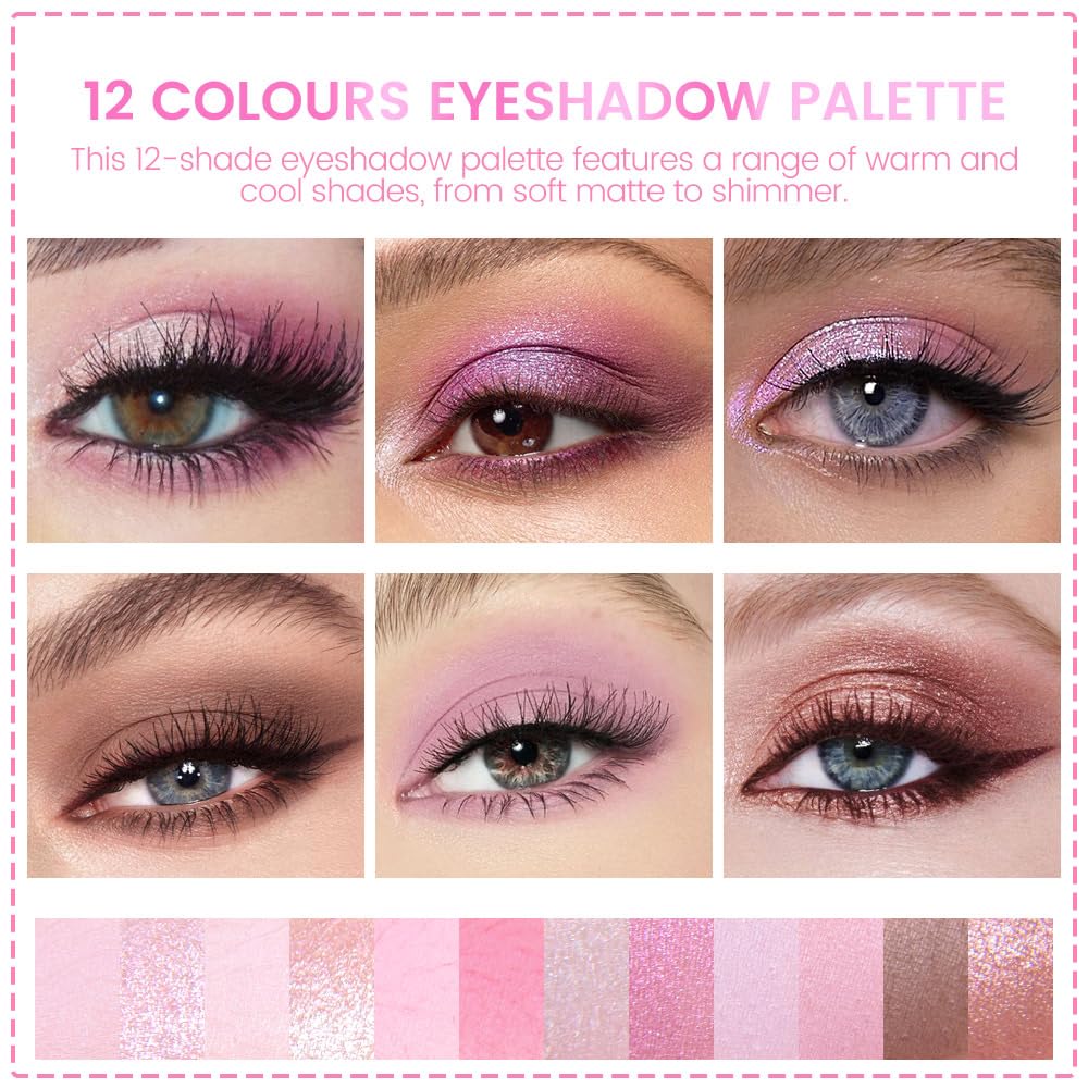 AMY'S DIARY 12Color Matte Purple Pink Eyeshadow Palette,Shimmer Eye Shadow Long-Lasting, and Highly Pigmented Elevate Your Eye Makeup-BrightBean Baby