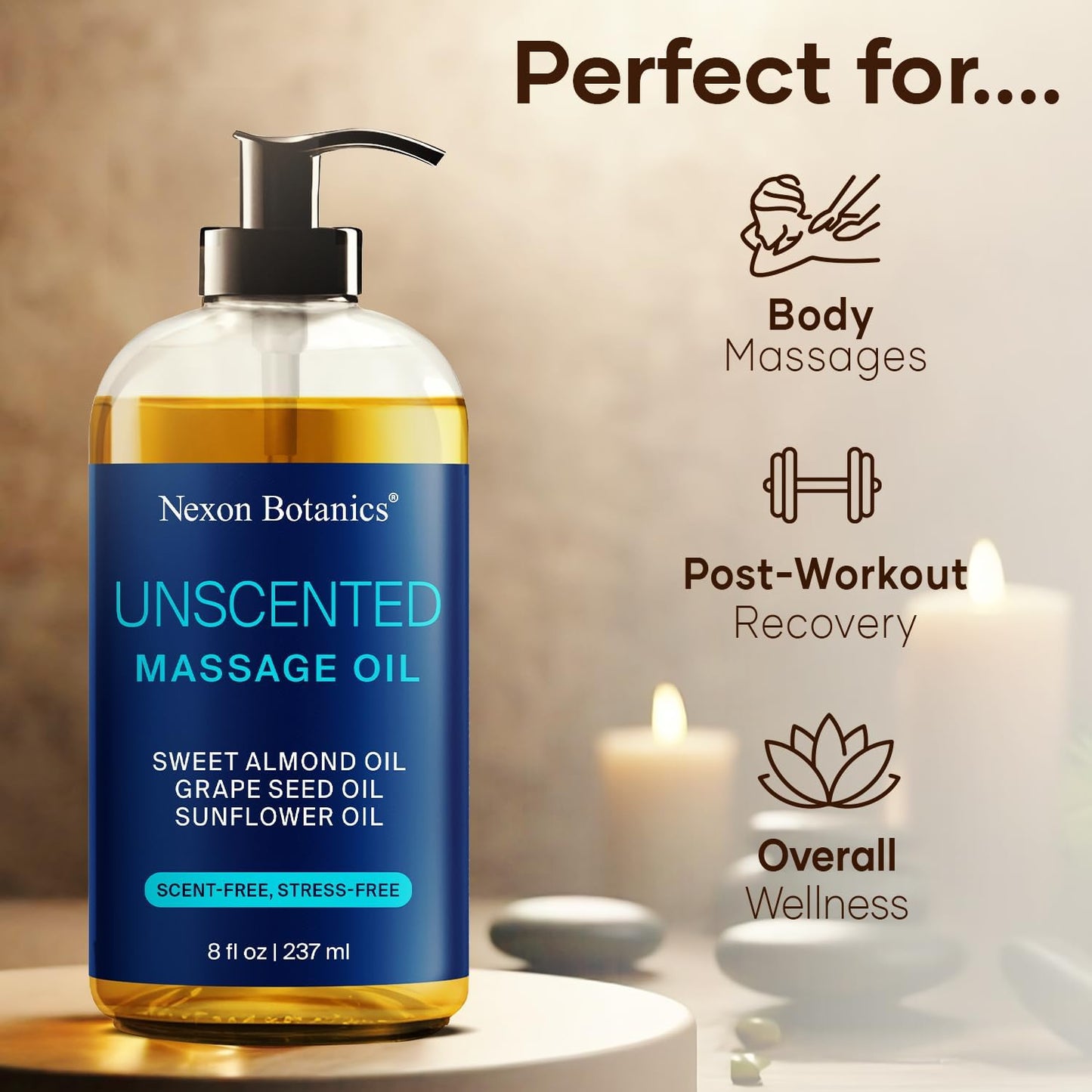 Unscented Massage Oil for Massage Therapy 8 fl oz - Refreshing and Relaxing - Natural Oils with Sweet Almond, Grape Seed and Sunflower Oil - for Men and Women - Nexon Botanics-BrightBean Baby