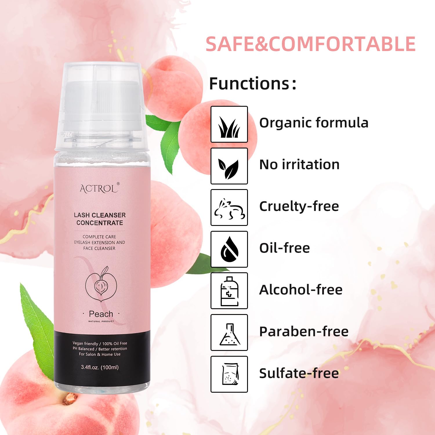 Eyelash Shampoo Concentrate 100ml Lash Extensions Cleanser Concentrate Peach Foaming Shampoo DIY Paraben & Sulfate Free Wash for Lashes with Salon Home Care-Makes 60ml Bottles-BrightBean Baby