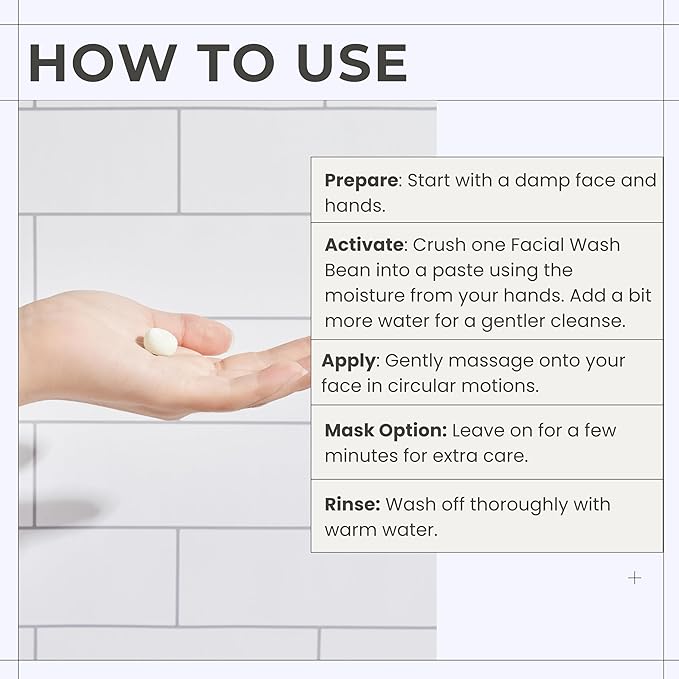 3-in-1 Solid Facial Cleanser, Exfoliator, and Wash-off Mask - Vegan, Cruelty-Free, Plastic-Free, Travel-Friendly, 1 Month Supply (60 Crushable Tablets) in Tin (Purifying Beans in Tin)-BrightBean Baby