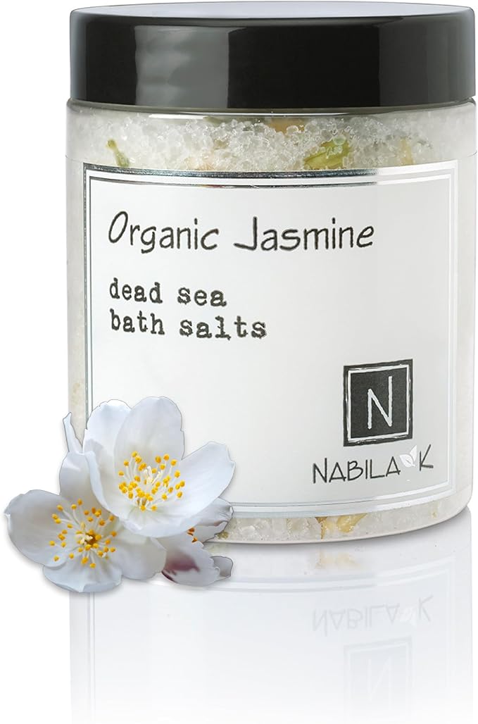 Organic Jasmine Bath Salts by Nabila K - Dead Sea Salt & Epsom Salt Scrub & Soak - Exfoliates & Hydrates Skin, Botanical Essential Oils - Bubble Bath Accessories for All Skins Types, 8 oz-BrightBean Baby
