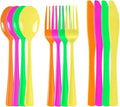 300 Pack Neon Party Disposable Plastic Silverware Heavy Duty, Plastic Cutlery Set, Forks and Spoons Knives Set for Birthday Party Prom Night, Weddings（Orange,Green, Hot Pink, Yellow Colors）
