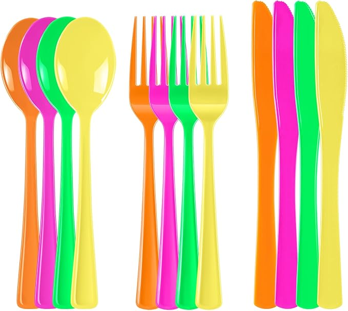 300 Pack Neon Party Disposable Plastic Silverware Heavy Duty, Plastic Cutlery Set, Forks and Spoons Knives Set for Birthday Party Prom Night, Weddings（Orange,Green, Hot Pink, Yellow Colors）